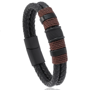 Detail of double-layer woven leather bracelet with black magnetic clasp and metal rings