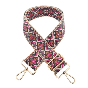 Adjustable geometric ethnic jacquard bag strap with gold metal hooks on white background