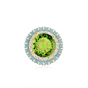Macro detail of round S925 silver earring featuring green stone and turquoise accents