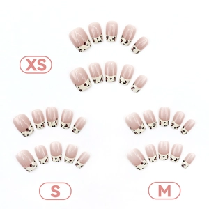 Short French leopard print press-on nails in nude pink and red-black round tips