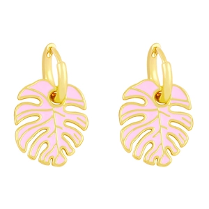 Close-up of golden hoop earrings with pink enamel monstera leaf pendants and detail