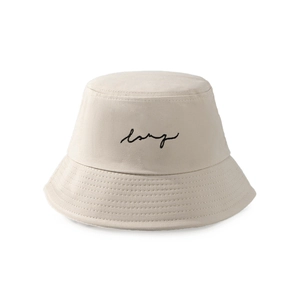 Close-up of beige canvas bucket hat featuring black lazy cursive embroidery detail