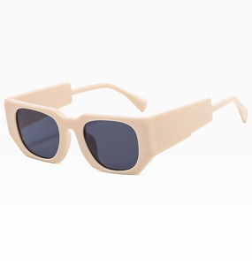 Side view of beige chunky rectangular sunglasses frame with thick durable temples