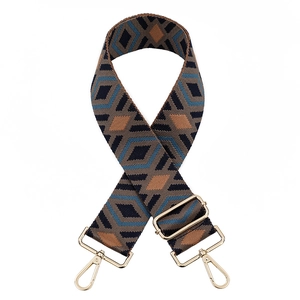Adjustable brown and blue geometric diamond pattern fabric strap with gold metal buckles