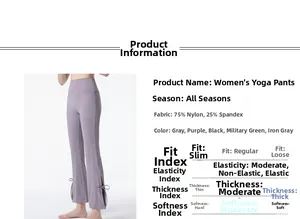 Detailed fabric specs for crossover high waist yoga pants with bow-knot flared hem