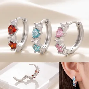 Cubic Zirconia Heart Hoop Earrings Copper Inlaid Colorful Gemstones Sweet Small Huggies For Women Girls