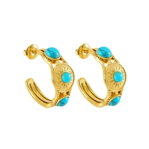 Boucles d'oreilles créoles C dorées vintage avec turquoise et texture soleil