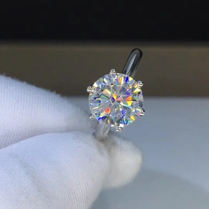 Macro close-up of classic six-prong crown ring with round-cut sparkling moissanite stone