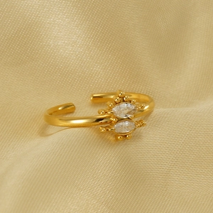 Marquise Zircon Stainless Steel Ring 18K Gold Plated Adjustable Open Finger Jewelry For Women French Retro Style Luxury