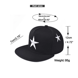 Detailed size chart for black hip hop cap showing 56-60cm circumference and star embroidery