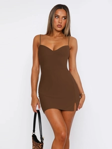 Women Sexy Spaghetti Strap Mini Dress Nylon Spandex Bodycon Slim Fit Side Slit Solid Color Summer Party Clubwear Trend
