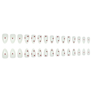 30 pieces minimalist red heart pearl white almond fake nails set on white background