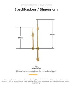 Detaillierte Größentabelle für goldene Uhrzeiger mit 146mm Minuten- und 210mm Stundenlänge