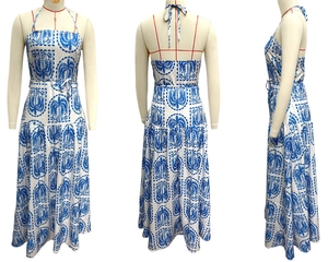 Three-way view of halter neck maxi dress with blue palm tree print and waist tie detail