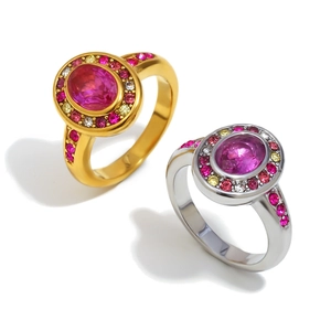 Retro 18K gold plated stainless steel ring with oval pink zircon and colorful crystals