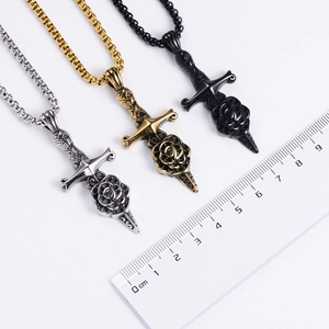 Detailed measurement of a 5.5cm rose sword pendant in gold, silver, and black finish