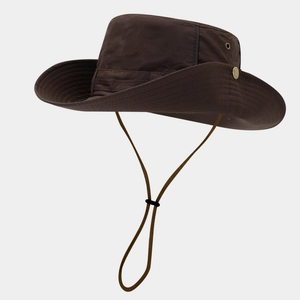Close-up of dark brown outdoor sun hat with metal ventilation eyelets and chin cord