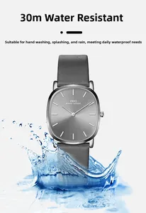 Minimalist ultra-thin leather watch with splash effect highlighting 30M water resistance
