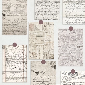 Macro detail of vintage ephemera paper with antique script and stamps for scrapbooking
