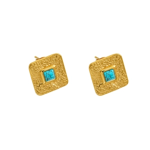 Boucles d'oreilles carrées en acier inoxydable martelé vintage avec turquoise
