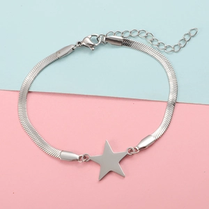 Detail of silver stainless steel star pendant and snake chain with lobster clasp closure