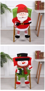Detail view of Santa and Snowman chair covers with 3D dangling legs for festive dining decor