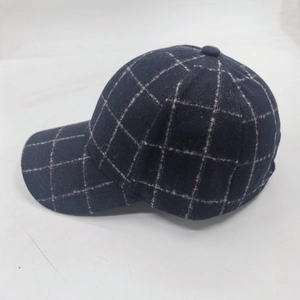 Classic dark blue windowpane check baseball cap in warm wool blend fabric for winter