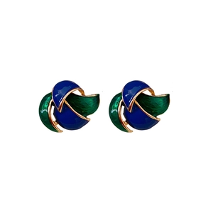 Vintage enamel earrings in blue and green contrast with gold-tone metallic edges