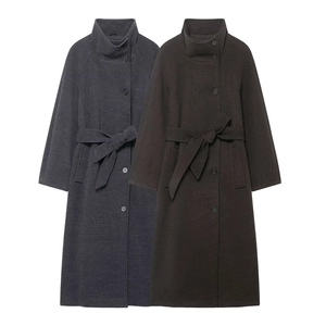 Women Stand Collar Wool Blend Long Coat Belted Casual Fashion Solid Color Outerwear Elegant Windbreaker Jacket