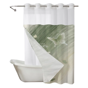 Waterproof double-layer shower curtain with green butterfly print and silver metal grommets