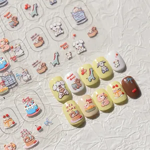 3D embossed nail art stickers featuring cute cartoon animals and dessert patterns