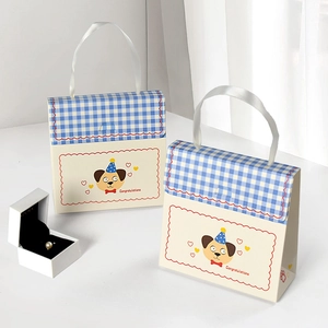 Gingham pattern gift boxes with silk ribbon handles and cute dog illustration