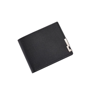 Slim bifold men's wallet in black textured leather with silver metal trim detail