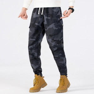Men's camo cargo jogger pants with drawstring waist and flap pockets in black grey
