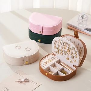Portable semi-circle PU leather jewelry boxes in four colors with functional interior