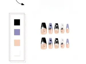 Detailed view of coffin press-on nails with black and purple star patterns and rhinestones