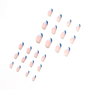 French blue and white diagonal stripes almond fake nails 24pcs set on white background