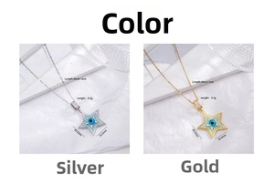 Detailed view of evil eye star pendants in silver and gold with size specifications