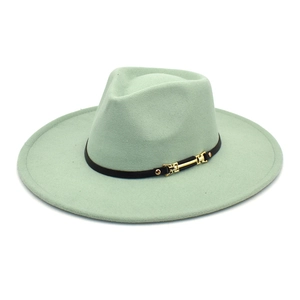 Close-up of mint green fedora hat with black leather band and gold buckle detail