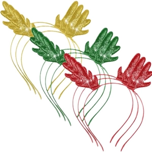 Close-up of glitter reindeer antler headbands in festive gold green and red colors