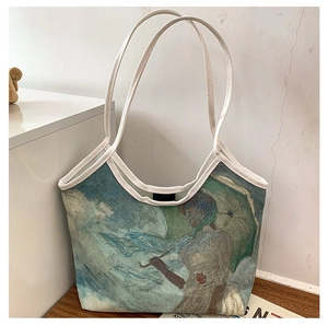 Detail of artistic oil painting print on premium canvas tote bag with reinforced handles