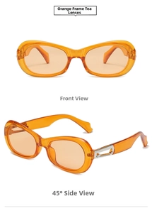Detail view of orange frame sunglasses with tea lenses and silver metal temple accents