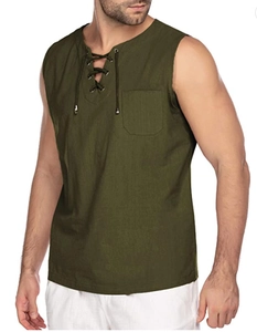 Close-up of olive green cotton linen vest with lace-up V-neck and chest pocket