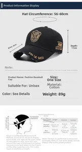 Size chart for embroidered baseball cap with adjustable strap and cotton fabric specs