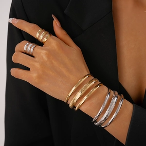 Metallic Multi Layer Open Bangle And Ring Iron Hammered Texture High Polish Fashion Elegant Jewelry For Women