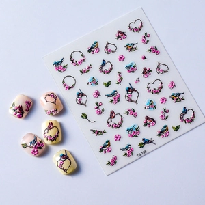 Autocollants 3D pour ongles motif guirlande de cœurs avec oiseaux et cerisiers