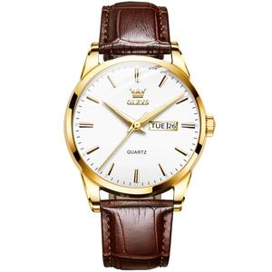 Montre OLEVS quartz en acier doré avec cadran blanc et bracelet en cuir brun