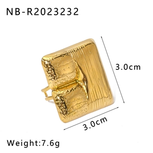 Detail showing oversized square 18K gold ring with liquid texture and size measurements