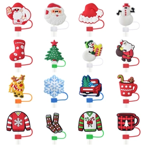 Set of 16 creative Christmas silicone straw toppers with Santa and snowman designs