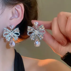 Elegant Bowknot Waterdrop Dangle Earrings Alloy Pink Crystal Rhinestone With Silver Earring Post Women Chic Luxury